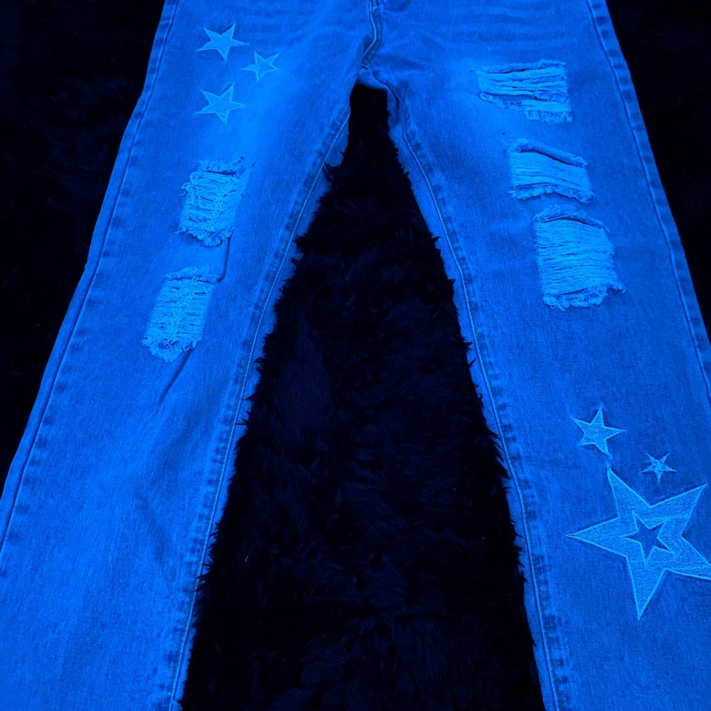 Men's Blue Distressed Jeans with Star Accents